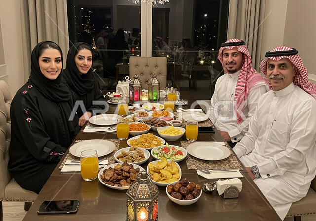 مائده طعام مليئه بأصناف المأكولات و المقبلات الشهية، ديكور وأجواء رمضانية، نقاش وحوار عائلي، تجمع أسرة عربية خليجية سعودية حول سفرة الإفطار في شهر رمضان المبارك، ايماءات السعادة والسرور