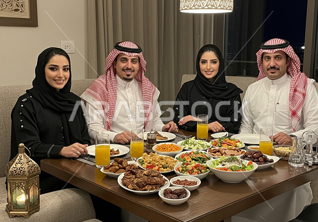 ديكور وأجواء رمضانية، نقاش وحوار عائلي، تجمع أسرة عربية خليجية سعودية حول سفرة الإفطار في شهر رمضان المبارك، ايماءات السعادة والسرور، مائده طعام مليئه بأصناف المأكولات و المقبلات الشهية
