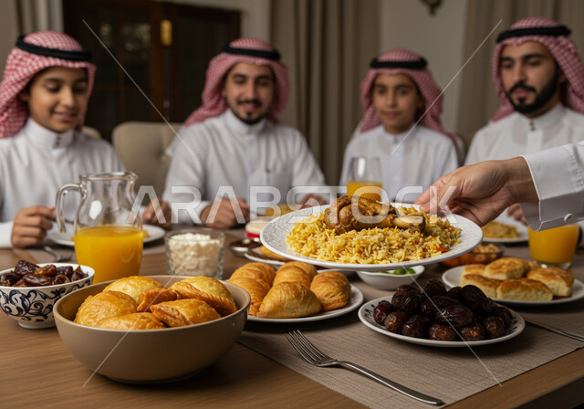 أجواء دينية رمضانية، صورة مقربة ليد إمراة عربية خليجية سعودية تقوم بوضع الطبق الرئيسي، سفرة افطار مليئة باصناف من المأكولات الشهية في شهر رمضان، اجتماع الأسرة حول مائدة الطعام، أداء فريضة الصيام، إيماءات السعادة و السرور، إكرام الوالدين ومشاركة الاطعمة