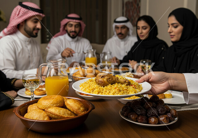 سفرة افطار مليئة باصناف من المأكولات الشهية في شهر رمضان، اجتماع الأسرة حول مائدة الطعام، أداء فريضة الصيام، إيماءات السعادة و السرور، إكرام الوالدين ومشاركة الاطعمة، أجواء دينية رمضانية، صورة مقربة ليد إمراة عربية خليجية سعودية تقوم بوضع الطبق الرئيسي