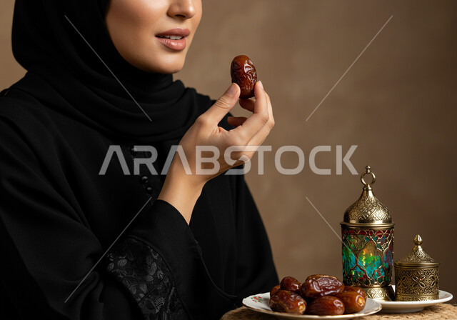 كسر الصيام بتناول التمر، بورتريه مقرب لإمرأة عربية خليجية سعودية ترتدي الحجاب والعباءة تمسك بيدها حبة رطب شهية، محصول زراعي محلي وطني سعودي، حسن الاستقبال وكرم الضيافة، افطار صحي في شهر رمضان المبارك، خلفية بنية