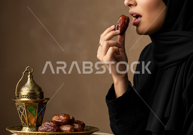 كسر الصيام بتناول التمر، بورتريه مقرب لإمرأة عربية خليجية سعودية ترتدي الحجاب والعباءة تمسك بيدها حبة رطب شهية، محصول زراعي محلي وطني سعودي، حسن الاستقبال وكرم الضيافة، افطار صحي في شهر رمضان المبارك، خلفية بنية