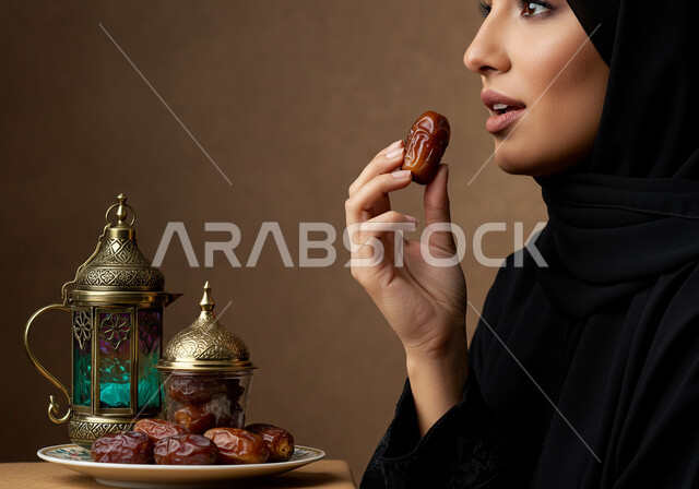 افطار صحي في شهر رمضان المبارك، كسر الصيام بتناول التمر، بورتريه مقرب لإمرأة عربية خليجية سعودية ترتدي الحجاب والعباءة تمسك بيدها حبة رطب شهية، محصول زراعي محلي وطني سعودي، حسن الاستقبال وكرم الضيافة، خلفية بنية