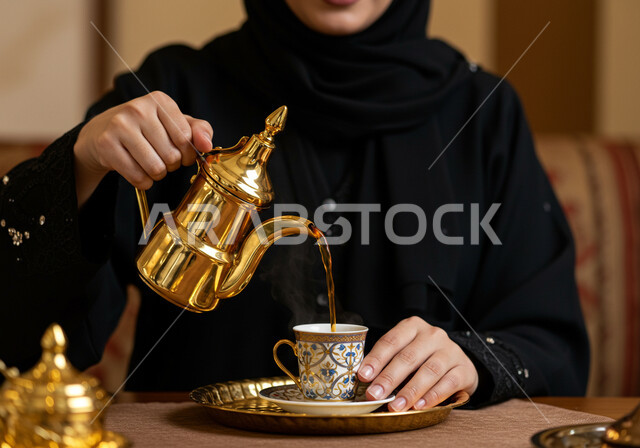 أصالة العادات والتقاليد في المملكة العربية السعودية، مفهوم كرم الضيافة وحسن الاستقبال، صورة مقربة لإمرأة عربية سعودية خليجية محجبة تقوم بصب المشروبات الساخنة من الدلة النحاسية، منتج محلي وطني سعودي