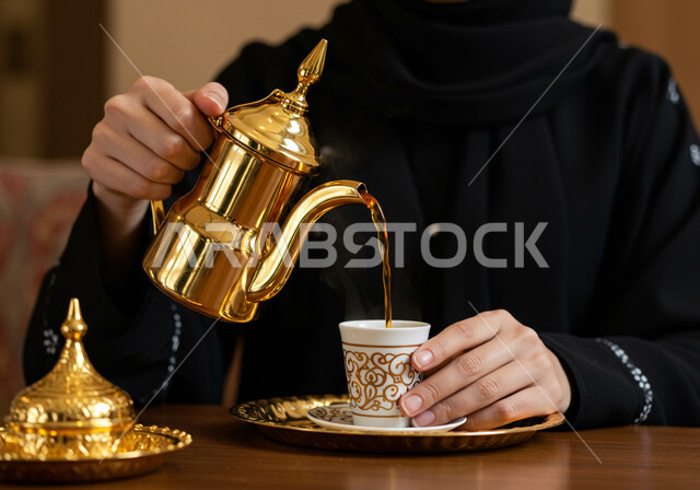 مفهوم كرم الضيافة وحسن الاستقبال، أصالة العادات والتقاليد في المملكة العربية السعودية، صورة مقربة لإمرأة عربية سعودية خليجية محجبة تقوم بصب المشروبات الساخنة من الدلة النحاسية، منتج محلي وطني سعودي