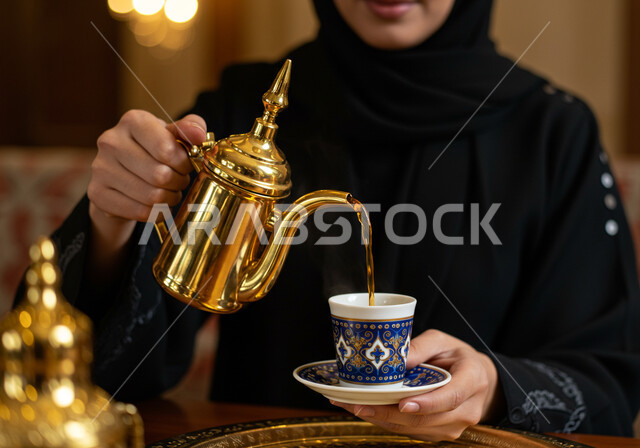 مفهوم كرم الضيافة وحسن الاستقبال، أصالة العادات والتقاليد في المملكة العربية السعودية، صورة مقربة لإمرأة عربية سعودية خليجية محجبة تقوم بصب المشروبات الساخنة من الدلة النحاسية، منتج محلي وطني سعودي