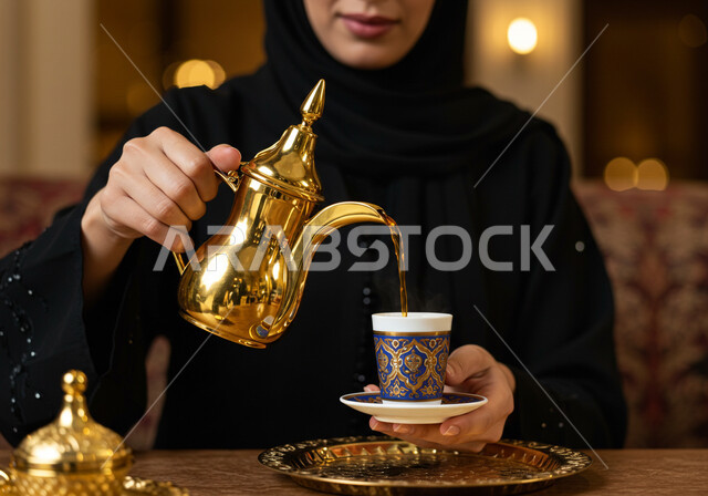 أصالة العادات والتقاليد في المملكة العربية السعودية، مفهوم كرم الضيافة وحسن الاستقبال، صورة مقربة لإمرأة عربية سعودية خليجية محجبة تقوم بصب المشروبات الساخنة من الدلة النحاسية، منتج محلي وطني سعودي
