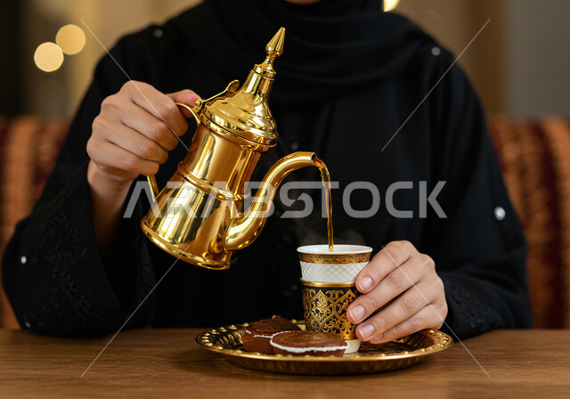 أصالة العادات والتقاليد في المملكة العربية السعودية، مفهوم كرم الضيافة وحسن الاستقبال، صورة مقربة لإمرأة عربية سعودية خليجية محجبة تقوم بصب المشروبات الساخنة من الدلة النحاسية، منتج محلي وطني سعودي
