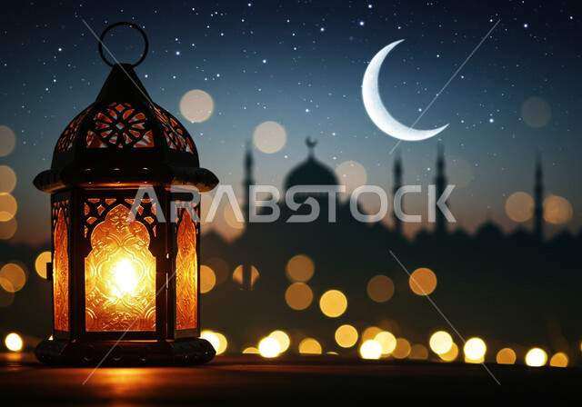 هلال شهر رمضان المبارك المضيء في السماء في الليل، فانوس تقليدي معدني مزخرف، الأجواء الدينية الروحانية، الاستعداد لاستقبال شهر الخير، ديكور وتحفة  اسلامية، خلفية مسجد اسلامي