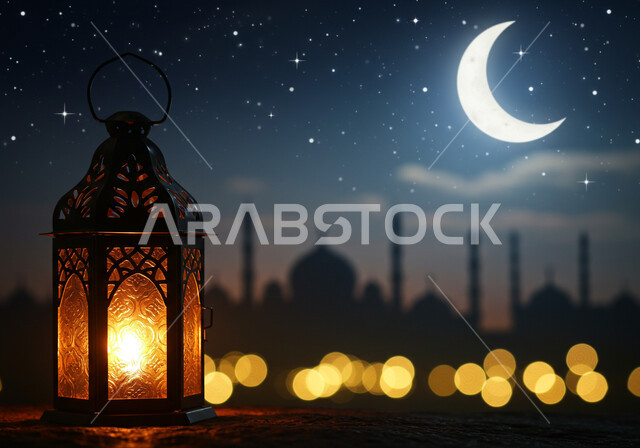 هلال شهر رمضان المبارك المضيء في السماء في الليل، فانوس تقليدي معدني مزخرف، الأجواء الدينية الروحانية، الاستعداد لاستقبال شهر الخير، ديكور وتحفة  اسلامية، خلفية مسجد اسلامي