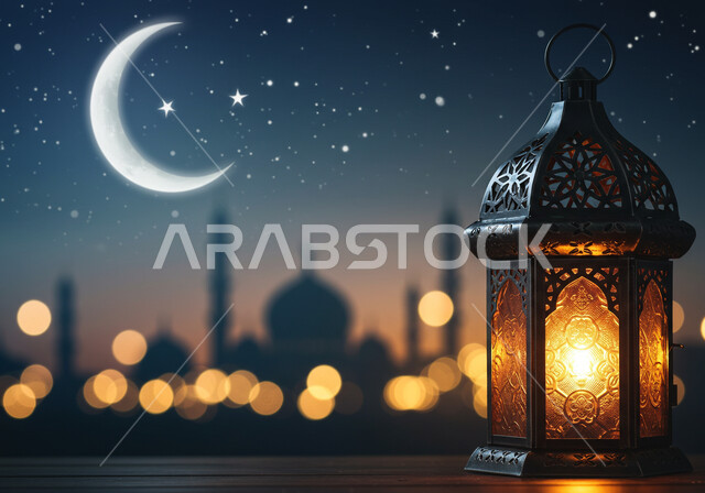 هلال شهر رمضان المبارك المضيء في السماء في الليل، فانوس تقليدي معدني مزخرف، الأجواء الدينية الروحانية، الاستعداد لاستقبال شهر الخير، ديكور وتحفة  اسلامية، خلفية مسجد اسلامي