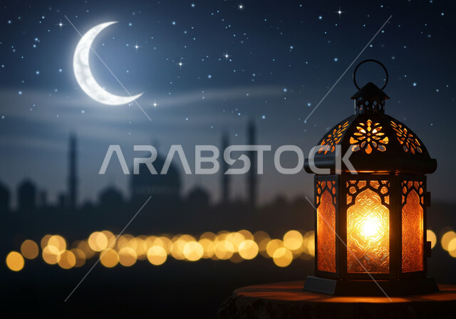 الأجواء الدينية الروحانية، الاستعداد لاستقبال شهر الخير، ديكور وتحفة  اسلامية، هلال شهر رمضان المبارك المضيء في السماء في الليل، فانوس تقليدي معدني مزخرف، خلفية مسجد اسلامي