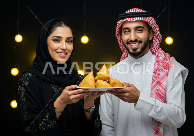 النظر الى الكاميرا بايماءات السعادة والسرور بقدوم شهر الخير، فطائر رمضانية شهية، طبق السمبوسه اللذيذ، صورة مقربة لزوجين عربين خليجيين سعوديين مبتسمين يمسكان طبق من المقبلات في شهر رمضان المبارك، خلفية سوداء