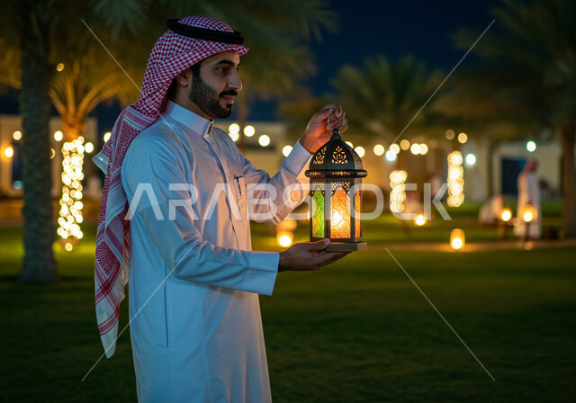Holiday and occasion decorations and lights, celebrating the arrival of the month of goodness in a public park, preparing and getting ready to receive the holy month of Ramadan, a close-up photo from the side of a smiling Saudi Arabian Gulf man wearing a traditional shemagh and thobe holding a decorated illuminated metal lantern standing outdoors