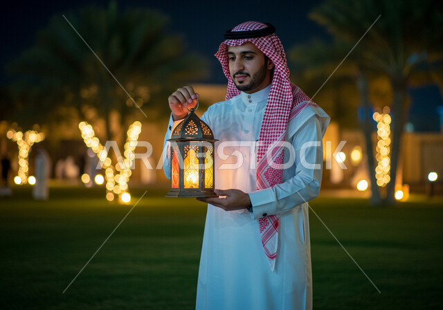 Holiday and occasion decorations and lights, celebrating the arrival of the month of goodness in a public park, preparing and getting ready to receive the holy month of Ramadan, a close-up photo from the side of a smiling Saudi Arabian Gulf man wearing a traditional shemagh and thobe holding a decorated illuminated metal lantern standing outdoors