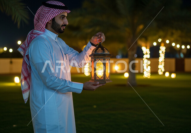 الاحتفال بقدوم شهر الخير في احدى الحدائق العامة، الاستعداد والتجهز لاستقبال شهر رمضان المبارك، صورة مقربة من الجانب لرجل عربي خليجي سعودي مبتسم يرتدي الشماغ والثوب التقليدي يمسك فانوس معدني مزخرف مضيء يقف في الهواء الطلق، زينة وأنوار الأعياد والمناسبات 