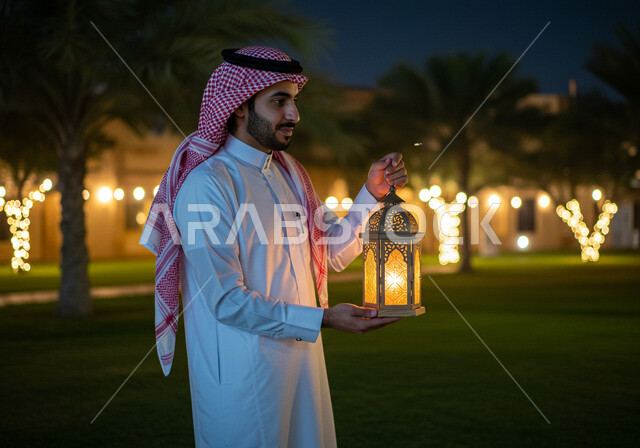  الاستعداد والتجهز لاستقبال شهر رمضان المبارك، صورة مقربة من الجانب لرجل عربي خليجي سعودي مبتسم يرتدي الشماغ والثوب التقليدي يمسك فانوس معدني مزخرف مضيء يقف في الهواء الطلق، زينة وأنوار الأعياد والمناسبات، الاحتفال بقدوم شهر الخير في احدى الحدائق العامة