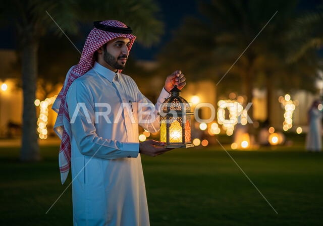 التجهز والاستعداد لاستقبال شهر رمضان المبارك، الاحتفال بقدوم شهر الخير في احدى الحدائق العامة، صورة مقربة من الجانب لرجل عربي خليجي سعودي مبتسم يرتدي الشماغ والثوب التقليدي يمسك فانوس معدني مزخرف مضيء يقف في الهواء الطلق، زينة وأنوار الأعياد والمناسبات