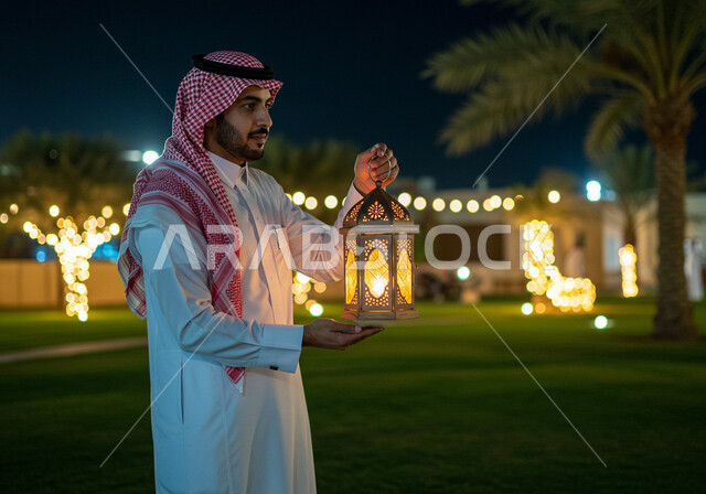 التجهز والاستعداد لاستقبال شهر رمضان المبارك، الاحتفال بقدوم شهر الخير في احدى الحدائق العامة، صورة مقربة من الجانب لرجل عربي خليجي سعودي مبتسم يرتدي الشماغ والثوب التقليدي يمسك فانوس معدني مزخرف مضيء يقف في الهواء الطلق، زينة وأنوار الأعياد والمناسبات 