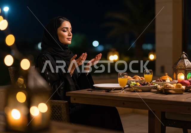 الجلوس على مائدة رمضان وشكر الله، الدعاء المستجاب وقت آذان المغرب، إمرأة عربية خليجية سعودية ترتدي الحجاب والعباءة ترفع يديها وتدعو الله تعالى في شهر الخير، الافطار في احد مطاعم المملكة العربية السعودية، سفرة طعام مليئة بأصناف من المأكولات والمقبلات الشهية