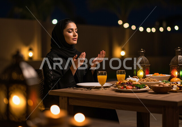 سفرة طعام مليئة بأصناف من المأكولات والمقبلات الشهية، الجلوس على مائدة رمضان وشكر الله، الدعاء المستجاب وقت آذان المغرب، إمرأة عربية خليجية سعودية ترتدي الحجاب والعباءة ترفع يديها وتدعو الله تعالى في شهر الخير، الافطار في احد مطاعم المملكة العربية السعودية