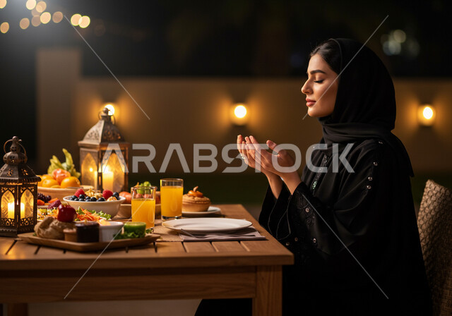 طاولة طعام مليئة بأصناف من المأكولات والمقبلات الشهية، الجلوس على مائدة رمضان وشكر الله، الدعاء المستجاب وقت آذان المغرب، إمرأة عربية خليجية سعودية ترتدي الحجاب والعباءة ترفع يديها وتدعو الله تعالى في شهر الخير، الافطار في احد مطاعم المملكة العربية السعودية