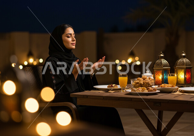 الجلوس على مائدة رمضان وشكر الله، الدعاء المستجاب وقت آذان المغرب، إمرأة عربية خليجية سعودية ترتدي الحجاب والعباءة ترفع يديها وتدعو الله تعالى في شهر الخير، الافطار في احد مطاعم المملكة العربية السعودية، سفرة طعام مليئة بأصناف من المأكولات والمقبلات الشهية