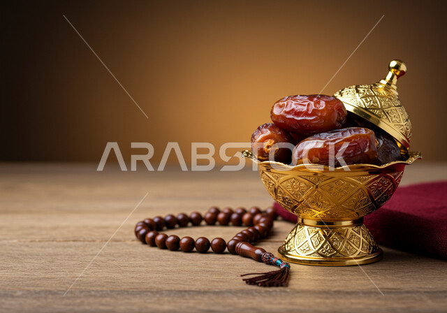 الاجتهاد بالعبادة والإستغفار والدعاء في شهر رمضان المبارك، ضيافة رمضانية لذيذة، محصول ومنتج زراعي محلي وطني سعودي، طبق نحاسي مليء بالتمر السكري الصحي الطازج بجانب سبحة خشبية, وجبة ذات قيمة غذائية عالية، الاكثار من التسبيح وذكر الله