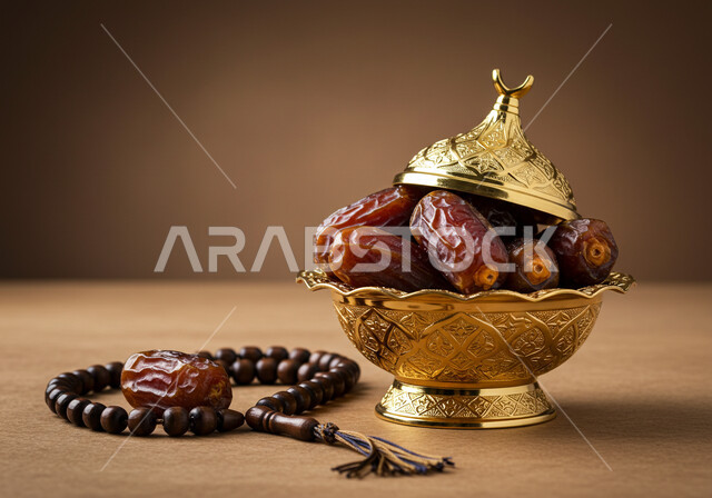 الاجتهاد بالعبادة والإستغفار والدعاء في شهر رمضان المبارك، ضيافة رمضانية لذيذة، محصول ومنتج زراعي محلي وطني سعودي، طبق نحاسي مليء بالتمر السكري الصحي الطازج بجانب سبحة خشبية, وجبة ذات قيمة غذائية عالية، الاكثار من التسبيح وذكر الله