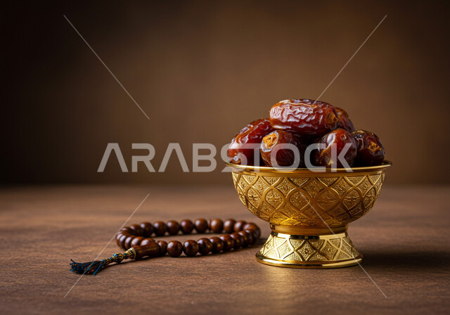 A copper plate filled with fresh healthy sugar dates next to a wooden rosary, a meal with high nutritional value, increasing the remembrance of God and glorifying Him, striving in worship, seeking forgiveness and supplication in the blessed month of Ramadan, delicious Ramadan hospitality, a local Saudi national agricultural crop and product