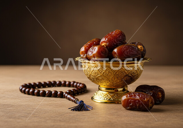 طبق نحاسي مليء بالتمر السكري الصحي الطازج بجانب سبحة خشبية, وجبة ذات قيمة غذائية عالية، الاكثار من التسبيح وذكر الله، الاجتهاد بالعبادة والإستغفار والدعاء في شهر رمضان المبارك، ضيافة رمضانية لذيذة، محصول ومنتج زراعي محلي وطني سعودي