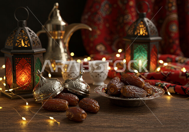 اصالة العادات والتقاليد في المناسبات الدينية في السعودية، فوانيس تقليدية وزينة مضيئة للاحتفال بقدوم شهر الخير، منتج ومحصول زراعي وطني محلي، الأجواء الرمضانية الروحانية، دلة قهوة نحاسية بجانب طبق مليء بالتمر الصحي الطازج، ضيافة شهر رمضان المبارك