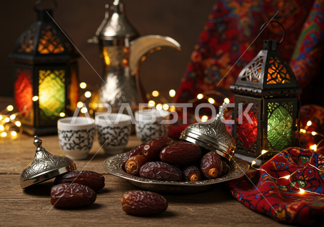 الأجواء الرمضانية الروحانية، دلة قهوة نحاسية بجانب طبق مليء بالتمر الصحي الطازج، ضيافة شهر رمضان المبارك، اصالة العادات والتقاليد في المناسبات الدينية في السعودية، فوانيس تقليدية وزينة مضيئة للاحتفال بقدوم شهر الخير، منتج ومحصول زراعي وطني محلي