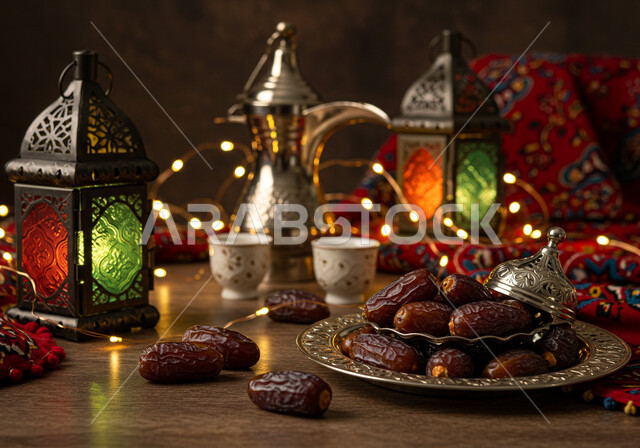 Authenticity of customs and traditions in religious occasions in Saudi Arabia, traditional lanterns and illuminated decorations to celebrate the arrival of the month of goodness, a local national agricultural product and crop, the spiritual Ramadan atmosphere, a copper coffee pot next to a plate full of fresh healthy dates, hospitality of the holy month of Ramadan