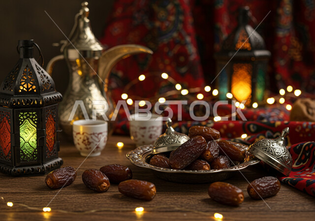 دلة قهوة نحاسية بجانب طبق مليء بالتمر الصحي الطازج، ضيافة شهر رمضان المبارك، اصالة العادات والتقاليد في المناسبات الدينية في السعودية، فوانيس تقليدية وزينة مضيئة للاحتفال بقدوم شهر الخير، منتج ومحصول زراعي وطني محلي، الأجواء الرمضانية الروحانية