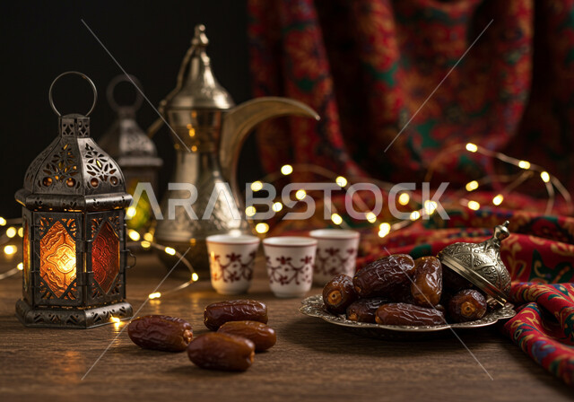 Spiritual Ramadan atmosphere, a copper coffee pot next to a plate full of fresh healthy dates, hospitality of the holy month of Ramadan, authentic customs and traditions in religious occasions in Saudi Arabia, traditional lanterns and illuminated decorations to celebrate the arrival of the month of goodness, a local national agricultural product and crop