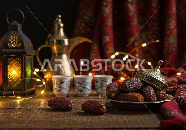 دلة قهوة نحاسية بجانب طبق مليء بالتمر الصحي الطازج، ضيافة شهر رمضان المبارك، اصالة العادات والتقاليد في المناسبات الدينية في السعودية، فوانيس تقليدية وزينة مضيئة للاحتفال بقدوم شهر الخير، منتج ومحصول زراعي وطني محلي، الأجواء الرمضانية الروحانية
