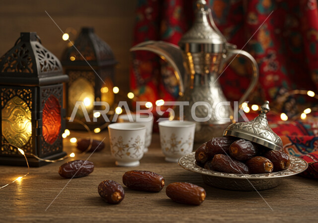 Spiritual Ramadan atmosphere, a copper coffee pot next to a plate full of fresh healthy dates, hospitality of the holy month of Ramadan, authentic customs and traditions in religious occasions in Saudi Arabia, traditional lanterns and illuminated decorations to celebrate the arrival of the month of goodness, a local national agricultural product and crop
