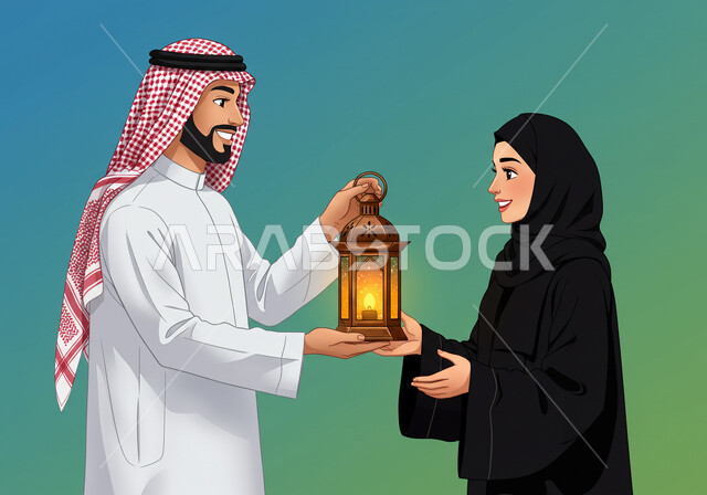 رسم كرتوني لإمرأة ورجل يتبادلان مصباح مضيء، استقبال شهر الخير والبركة, بورتريه لرجل عربي خليجي سعودي يرتدي الثوب التقليدي والشماغ يقوم باعطاء الفانوس لزوجته, تحف وزينة الاحتفالات بالمناسبات الدينية والعيد الإسلامي, الاستعداد لقدوم رمضان, خلفية ملونة