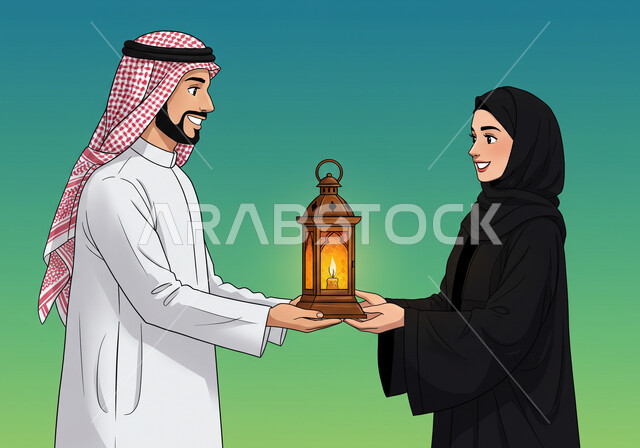 رسم كرتوني لإمرأة ورجل يتبادلان مصباح مضيء، استقبال شهر الخير والبركة, بورتريه لرجل عربي خليجي سعودي يرتدي الثوب التقليدي والشماغ يقوم باعطاء الفانوس لزوجته, تحف وزينة الاحتفالات بالمناسبات الدينية والعيد الإسلامي, الاستعداد لقدوم رمضان, خلفية ملونة