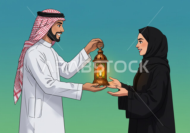 تحف وزينة الاحتفالات بالمناسبات الدينية والعيد الإسلامي, الاستعداد لقدوم رمضان, رسم كرتوني لإمرأة ورجل يتبادلان مصباح مضيء، استقبال شهر الخير والبركة, بورتريه لرجل عربي خليجي سعودي يرتدي الثوب التقليدي والشماغ يقوم باعطاء الفانوس لزوجته, خلفية ملونة