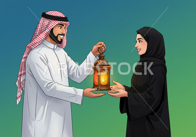 تحف وزينة الاحتفالات بالمناسبات الدينية والعيد الإسلامي, الاستعداد لقدوم رمضان, رسم كرتوني لإمرأة ورجل يتبادلان مصباح مضيء، استقبال شهر الخير والبركة, بورتريه لرجل عربي خليجي سعودي يرتدي الثوب التقليدي والشماغ يقوم باعطاء الفانوس لزوجته, خلفية ملونة