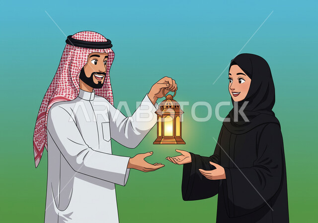 تحف وزينة الاحتفالات بالمناسبات الدينية والعيد الإسلامي, الاستعداد لقدوم رمضان, رسم كرتوني لإمرأة ورجل يتبادلان مصباح مضيء، استقبال شهر الخير والبركة, بورتريه لرجل عربي خليجي سعودي يرتدي الثوب التقليدي والشماغ يقوم باعطاء الفانوس لزوجته, خلفية ملونة
