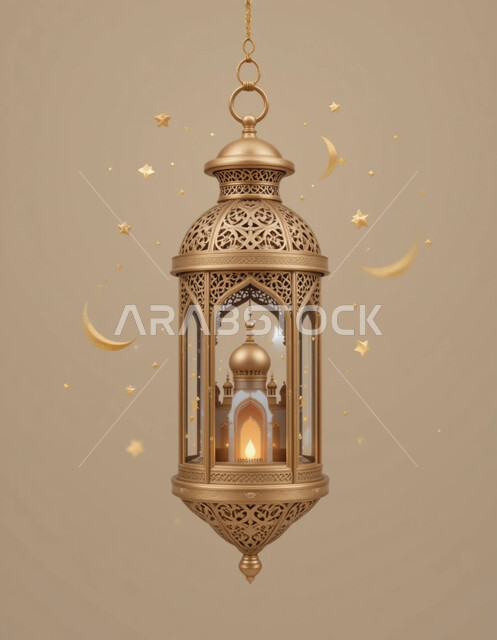 تحف وزينة الاحتفالات في الشهر الفضيل، الاستعداد لقدوم رمضان, المناسبات الدينية والأعياد الإسلامية,  استقبال الأجواء الرمضانية الروحانية، فانوس معدني عربي مزخرف ومضيء، مفهوم الاحتفال والفرح