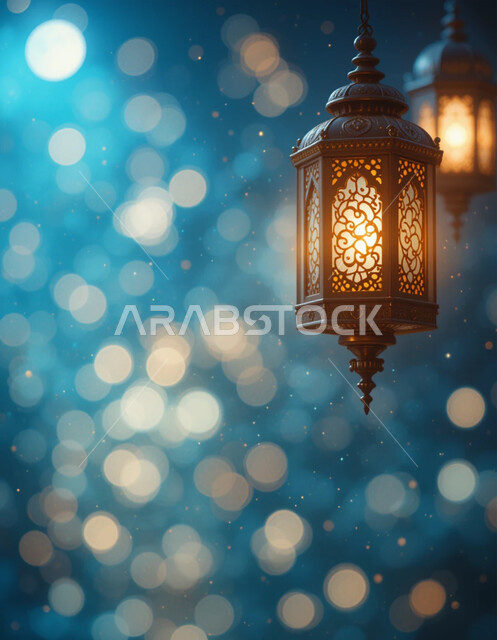 تحف وزينة الاحتفالات في الشهر الفضيل، الاستعداد لقدوم رمضان, المناسبات الدينية والأعياد الإسلامية,  استقبال الأجواء الرمضانية الروحانية، فانوس معدني عربي مزخرف ومضيء، مفهوم الاحتفال والفرح