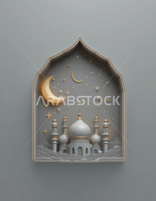 بطاقة تهنئة المسلمين بقدوم العيد، المناسبات والاعياد الدينية، مجسم ثلاثي الابعاد لمسجد على الطراز الاسلامي مع هلال الشهر، تصاميم وديكورات وزينة اسلامية دينية فاخرة، العبادة والتقرب الى الله في شهر رمضان المبارك، أجواء رمضانية روحانية، خلفية رمادية