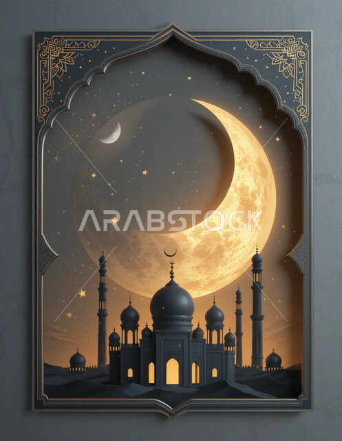 بطاقة تهنئة المسلمين بقدوم العيد، المناسبات والاعياد الدينية، مجسم ثلاثي الابعاد لمسجد على الطراز الاسلامي مع هلال الشهر، تصاميم وديكورات وزينة اسلامية دينية فاخرة، العبادة والتقرب الى الله في شهر رمضان المبارك، أجواء رمضانية روحانية، خلفية رمادية