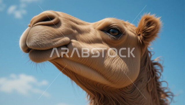 أهمية رعاية الإبل في المملكة العربية السعودية, الاهتمام بالمواشي والثدييات, صورة مقربة لوجه ناقة عربية أصيلة, تربية حيوان الجمل والاعتناء به, حياة الماشية في البيئة الصحراوية, وسائل التنقل القديمة، توارث حب ورعاية الجمال من الأجداد