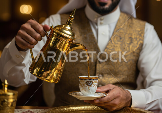 عادات وتقاليد أصيلة في تقديم القهوة العربية, صورة مقربة لرجل عربي خليجي سعودي يرتدي الثوب التقليدي مع الصدرية الرجالية الذهبية يقوم بصب القهوة من الدلة النحاسية, مفهوم كرم الضيافة وحسن الاستقبال في المملكة العربية السعودية، منتج محلي وطني سعودي