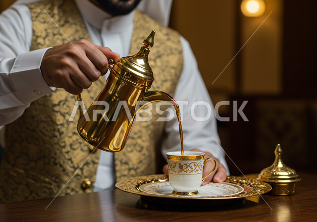 عادات وتقاليد أصيلة في تقديم القهوة العربية, صورة مقربة لرجل عربي خليجي سعودي يرتدي الثوب التقليدي مع الصدرية الرجالية الذهبية يقوم بصب القهوة من الدلة النحاسية, مفهوم كرم الضيافة وحسن الاستقبال في المملكة العربية السعودية، منتج محلي وطني سعودي